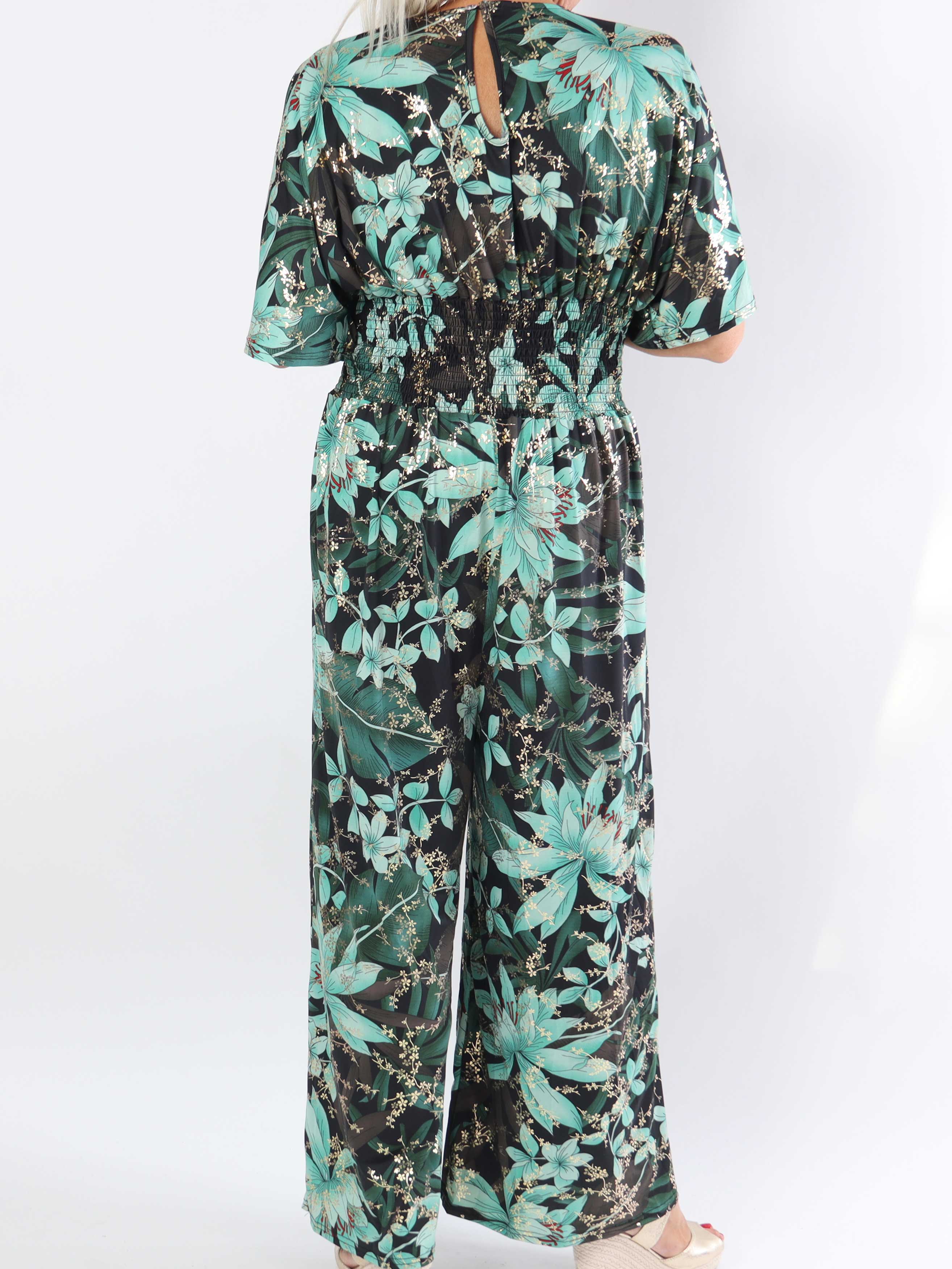 Pams Jumpsuit - Elastisk plus size buksedragt med bladmønster